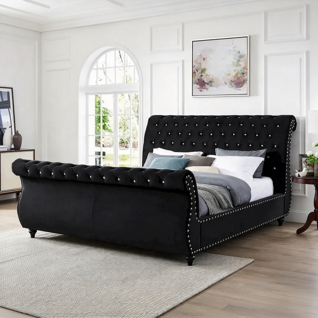 Black Velvet Crystal Button-tufted Sleigh Bed