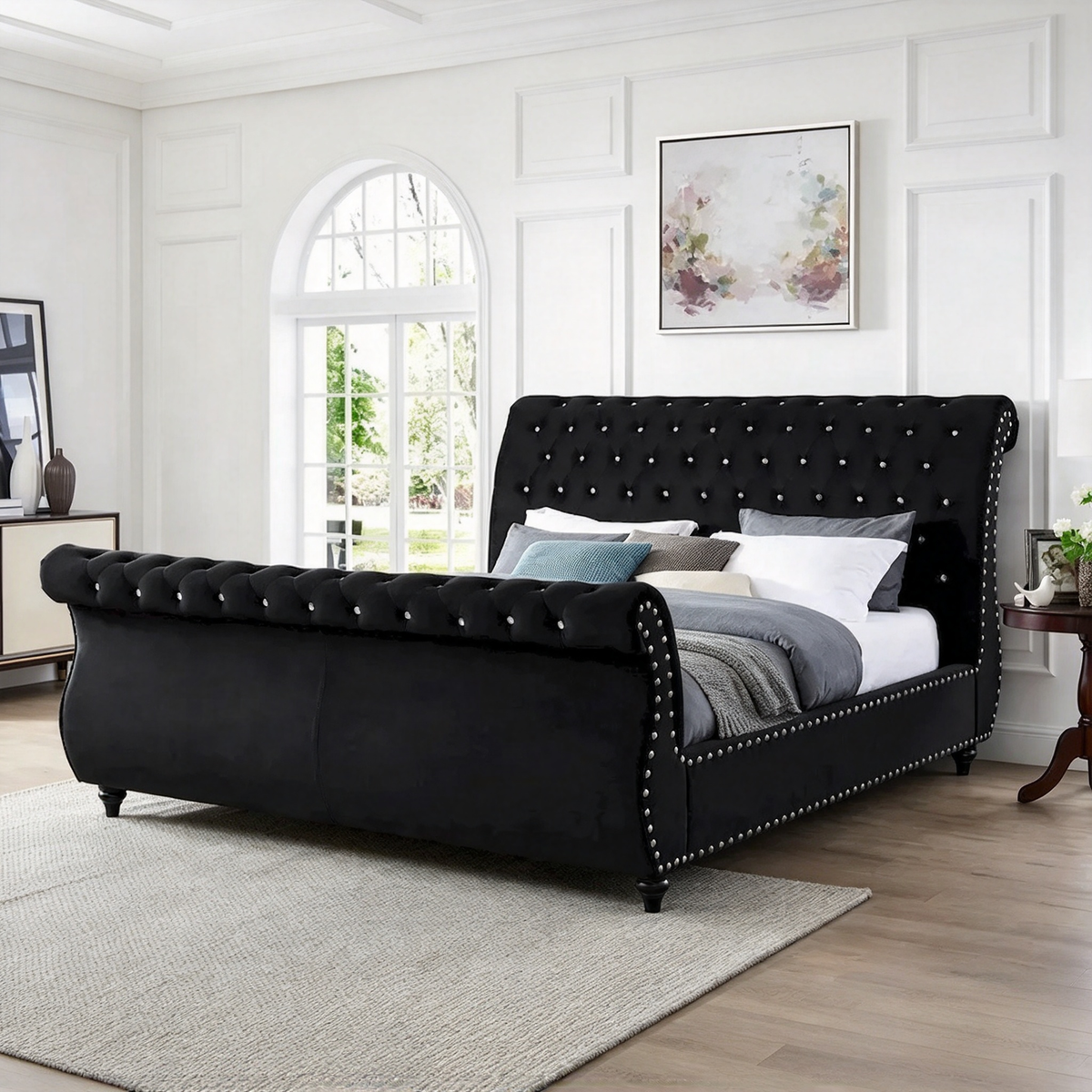 Black Velvet Crystal Button-tufted Sleigh Bed