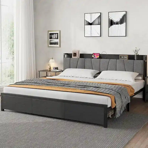 Struttura letto con testiera contenitore, letto a piattaforma industriale con 2 ampi cassetti e stazione di ricarica, nero