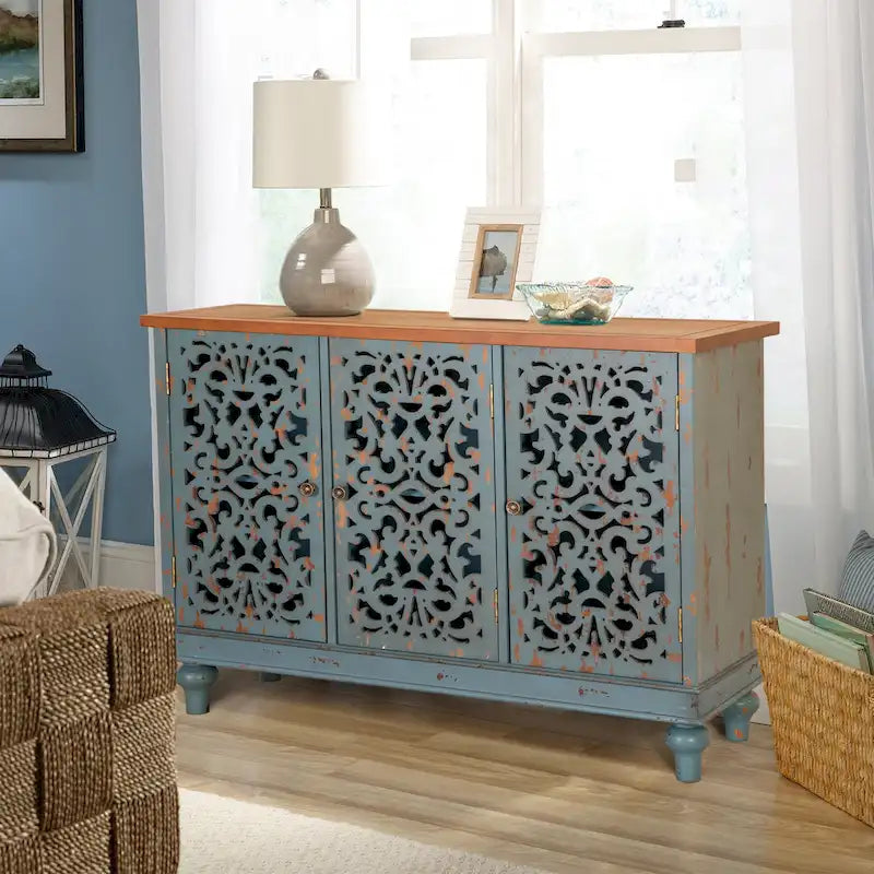 Retro Antique Hollow-Carved 3-door Storage Cabinet