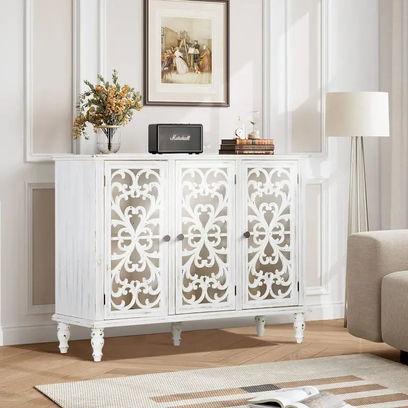 Retro Antique Hollow-Carved 3-door Storage Cabinet