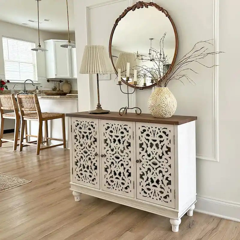 Retro Antique Hollow-Carved 3-door Storage Cabinet
