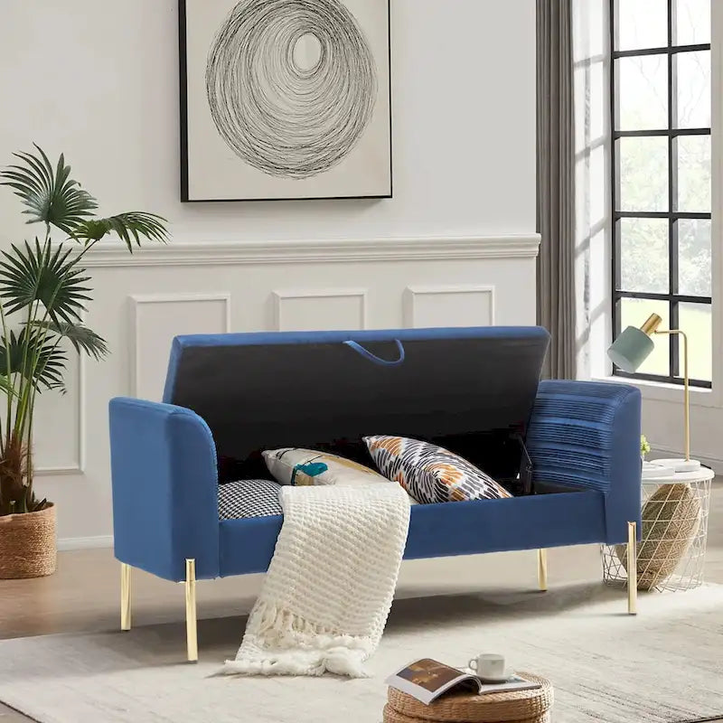 Storage Ottoman Bench, Upholstered Velvet Entryway Bench with Armrest & Large Storage Space for Living Room - 52inch