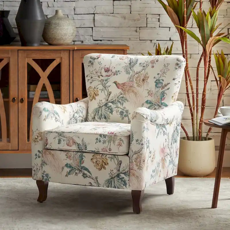 Modern Floral Upholstered Armchair with Wingback Design