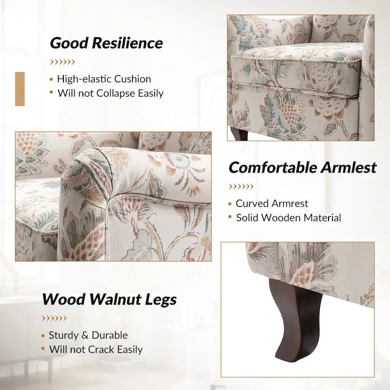 Fauteuil rembourré à motifs floraux modernes, design à oreilles
