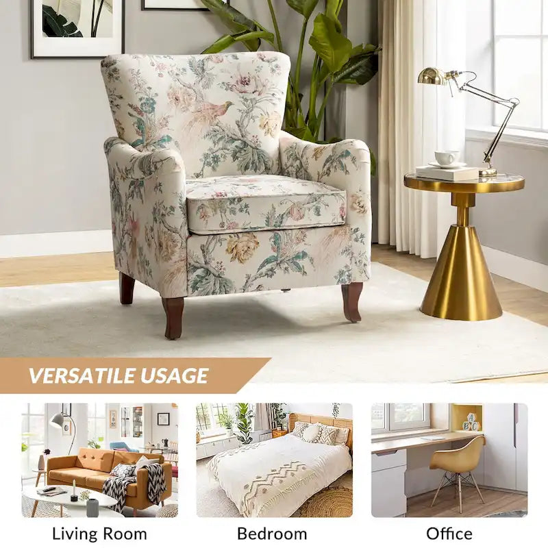 Fauteuil rembourré à motifs floraux modernes, design à oreilles