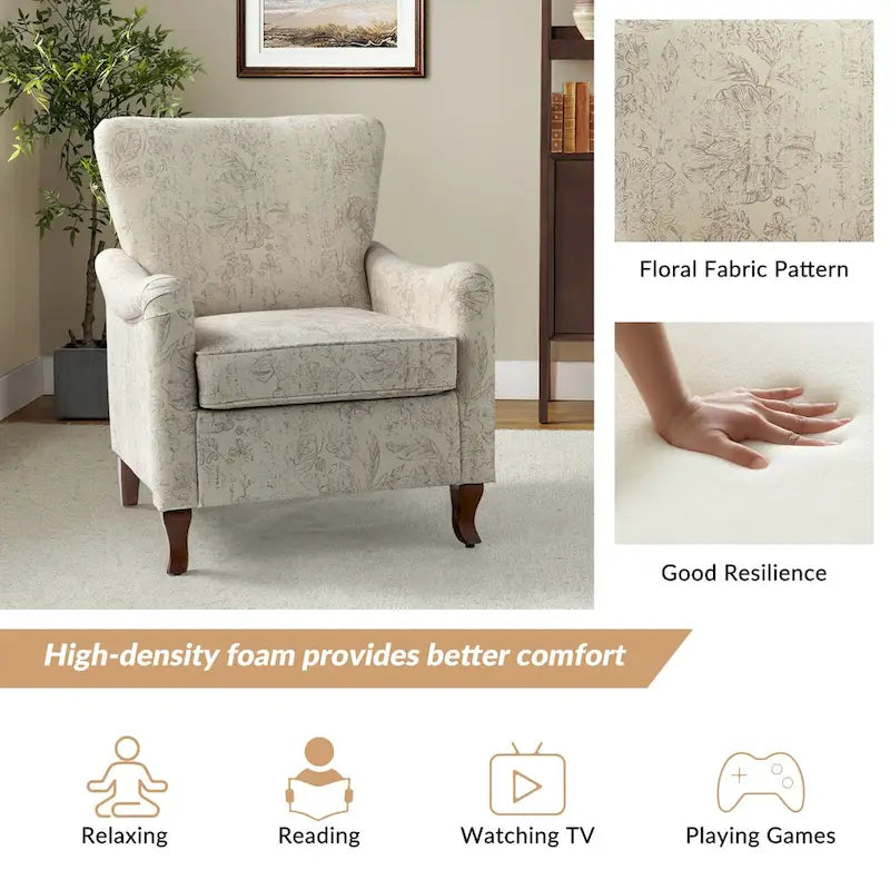 Fauteuil rembourré à motifs floraux modernes, design à oreilles