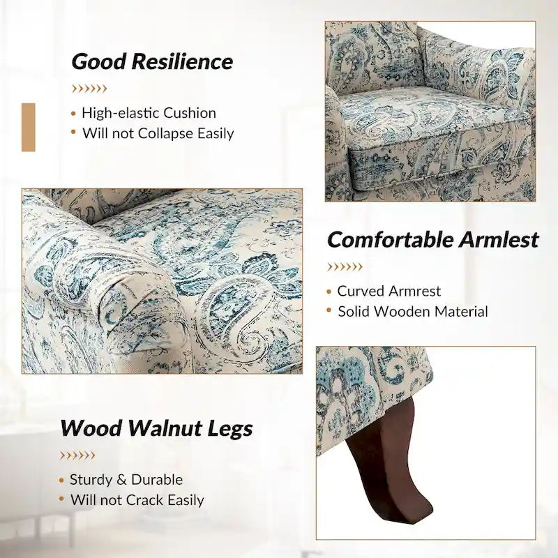 Fauteuil rembourré à motifs floraux modernes, design à oreilles