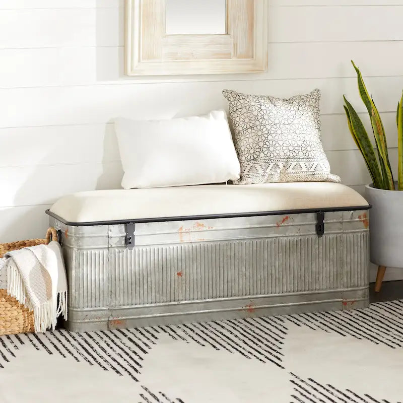 18-inch Grey Metal Fabric Bench