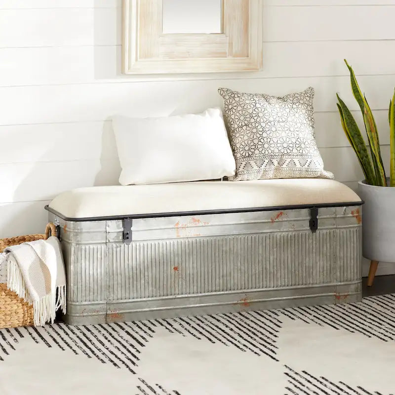 18-inch Grey Metal Fabric Bench