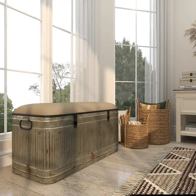 18-inch Grey Metal Fabric Bench