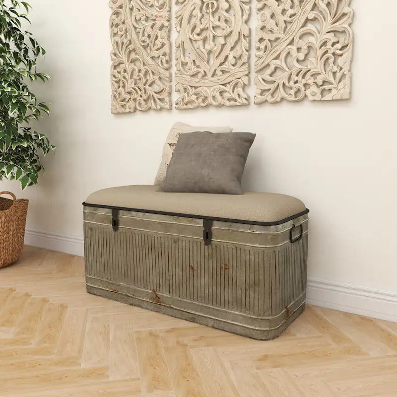 18-inch Grey Metal Fabric Bench