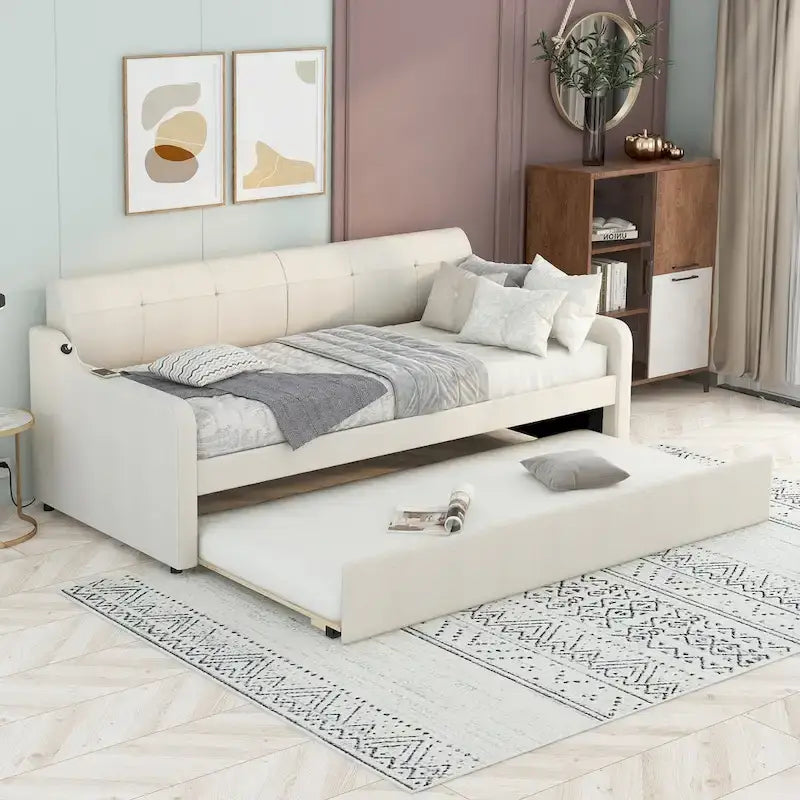 Twin Size Upholstery Daybed with Trundle and USB Charging Design,Trundle can be flat or erected,Beige