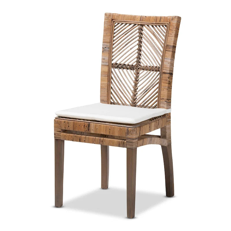 Modern Bohemian Rattan/ Mahogany Wood Dining Chair with Cushion