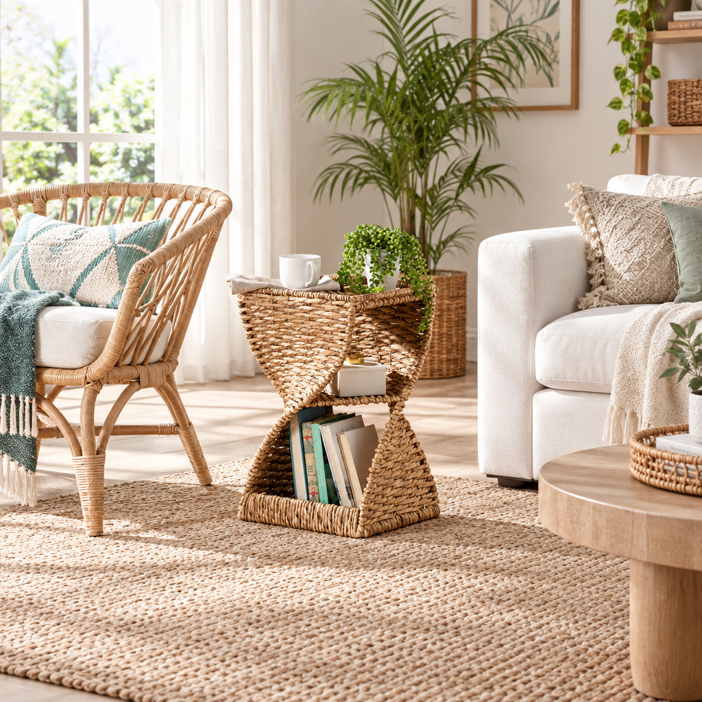 Pelleas Modern Bohemian Natural Brown Seagrass and Wood End Table