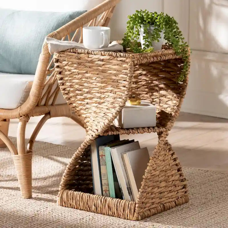 Modern Bohemian Natural Brown Seagrass and Wood End Table