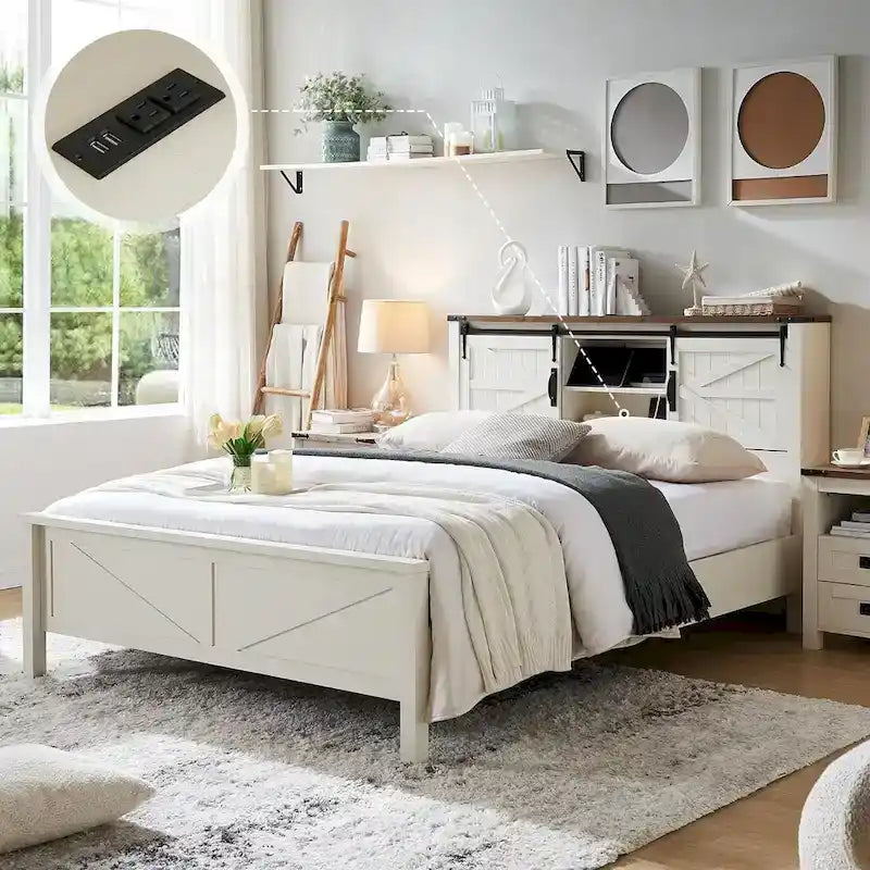 Farmhouse Full Size Bed Frame with Storage Shelves & Charging Station