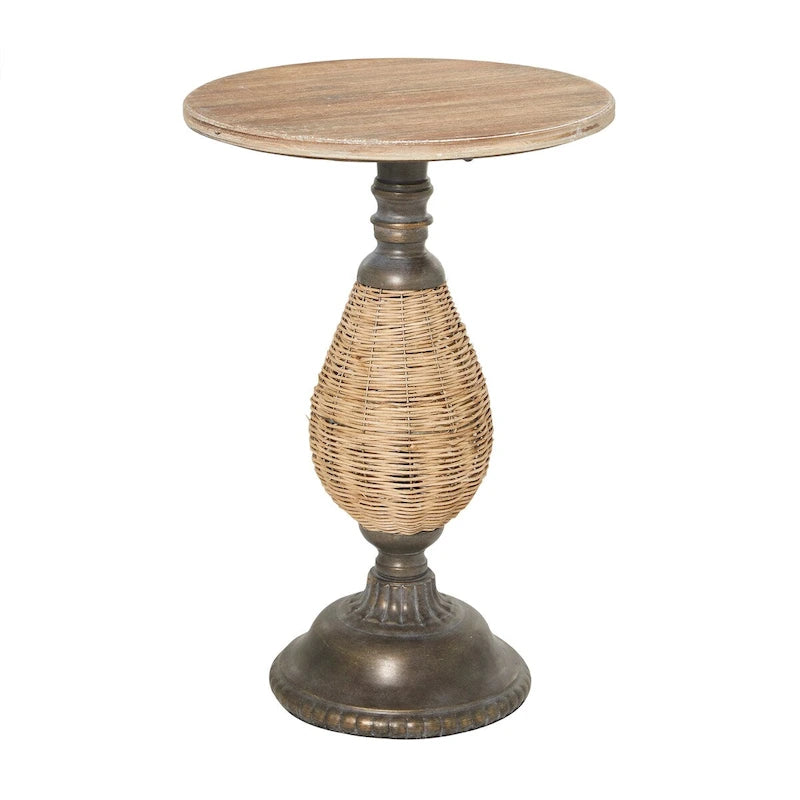Wood Accent Table with Black Metal and Rattan Base - Brown or White
