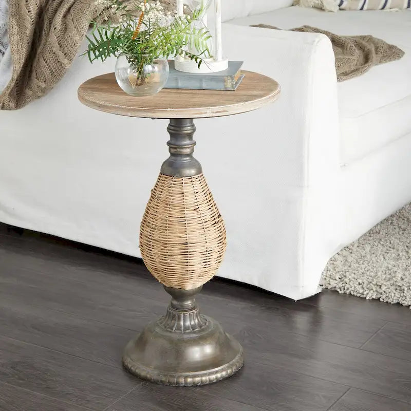 Wood Accent Table with Black Metal and Rattan Base - Brown or White