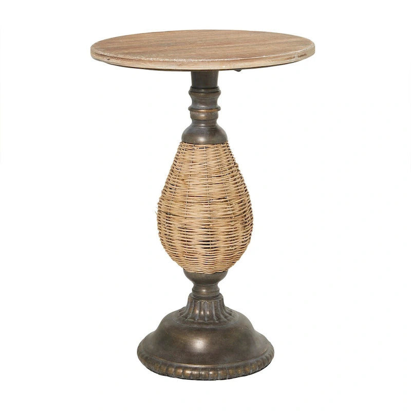 Wood Accent Table with Black Metal and Rattan Base - Brown or White