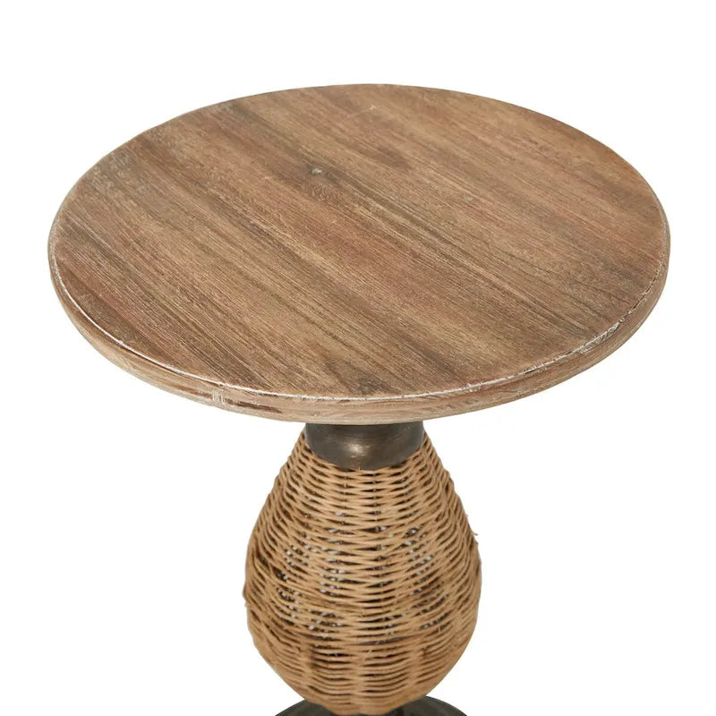 Wood Accent Table with Black Metal and Rattan Base - Brown or White