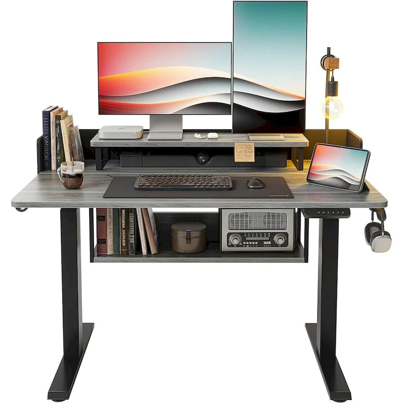 Electric Standing Desk with Shelves, Sit Stand Rising Desk with Monitor Stand and Storage, Ergonomic Home Office Desk