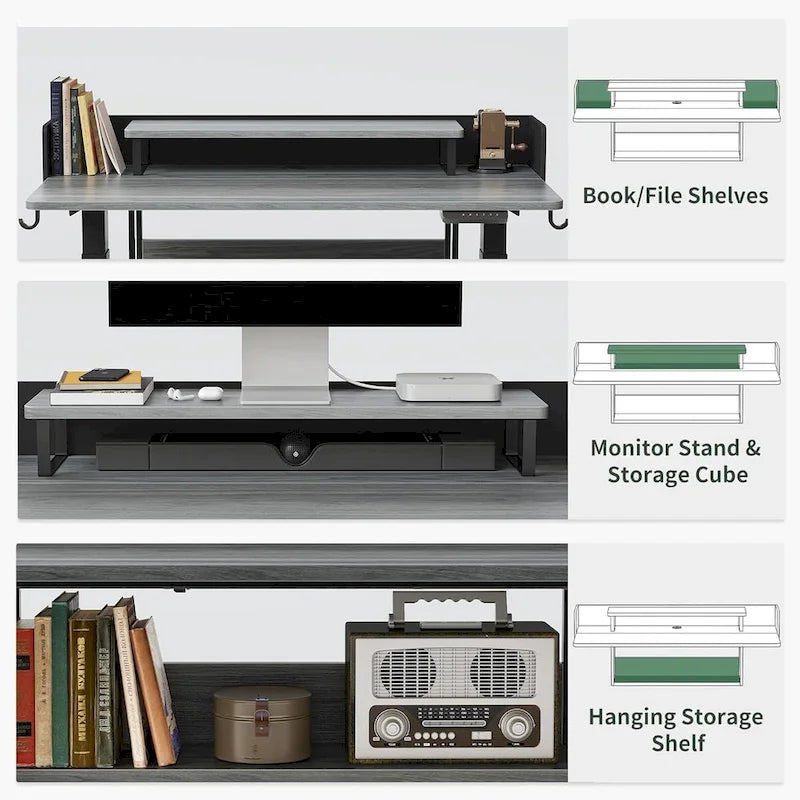 Scrivania elettrica regolabile in altezza con ripiani, scrivania sit-stand con supporto per monitor e spazio di archiviazione, scrivania ergonomica per home office