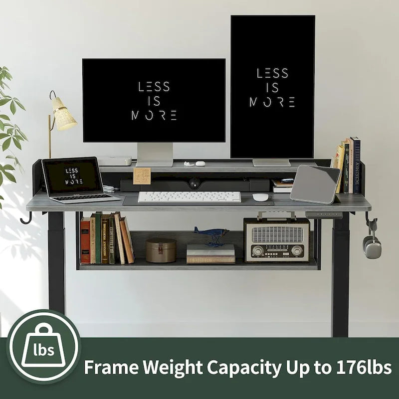 Scrivania elettrica regolabile in altezza con ripiani, scrivania sit-stand con supporto per monitor e spazio di archiviazione, scrivania ergonomica per home office