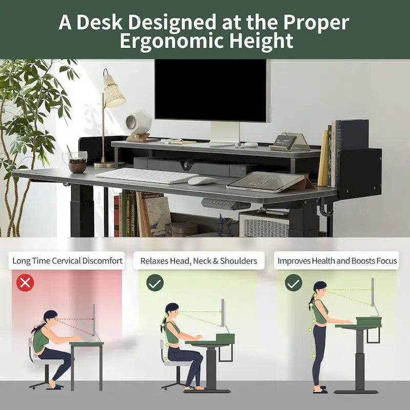 Scrivania elettrica regolabile in altezza con ripiani, scrivania sit-stand con supporto per monitor e spazio di archiviazione, scrivania ergonomica per home office