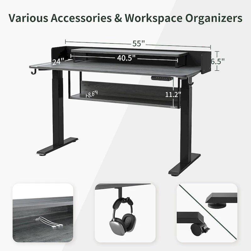 Scrivania elettrica regolabile in altezza con ripiani, scrivania sit-stand con supporto per monitor e spazio di archiviazione, scrivania ergonomica per home office
