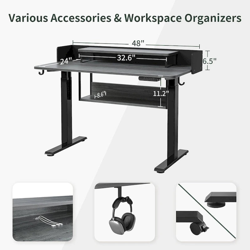 Scrivania elettrica regolabile in altezza con ripiani, scrivania sit-stand con supporto per monitor e spazio di archiviazione, scrivania ergonomica per home office
