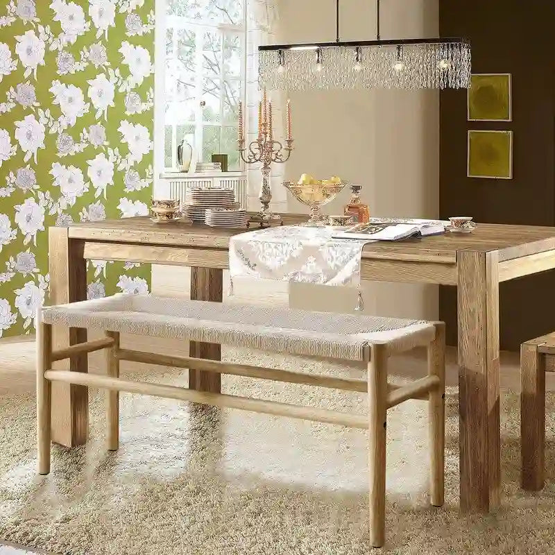 Πάγκος από μασίφ ξύλο σε boho στιλ με κάθισμα από πλεγμένο σχοινί, μοντέρνο οθωμανικό εσωτερικού χώρου mid-century με πόδια από καουτσουκόξυλο για το γραφείο στο σπίτι