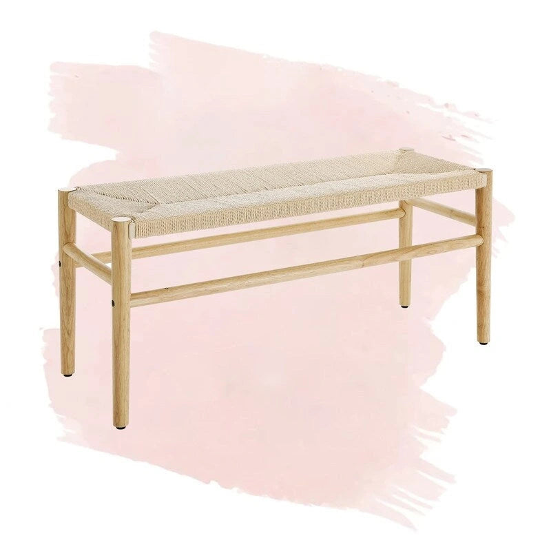 Boho Style Solid Wood Bench with Woven Rope Seat, Mid-Century Modern Indoor Ottoman with Rubber Wood Legs for Home Office
