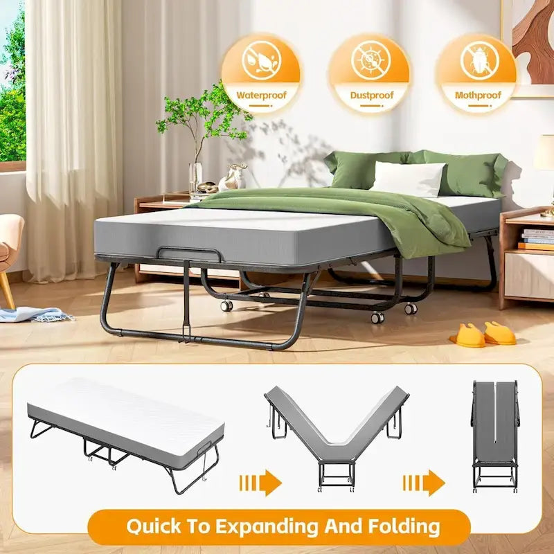 Roll away Space-Saving Sturdy Metal Frame Folding Guest Bed with 5 Thick Mattress