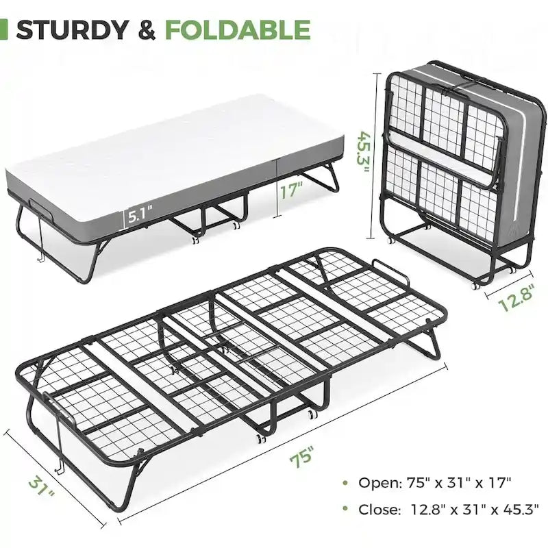 Roll away Space-Saving Sturdy Metal Frame Folding Guest Bed with 5 Thick Mattress