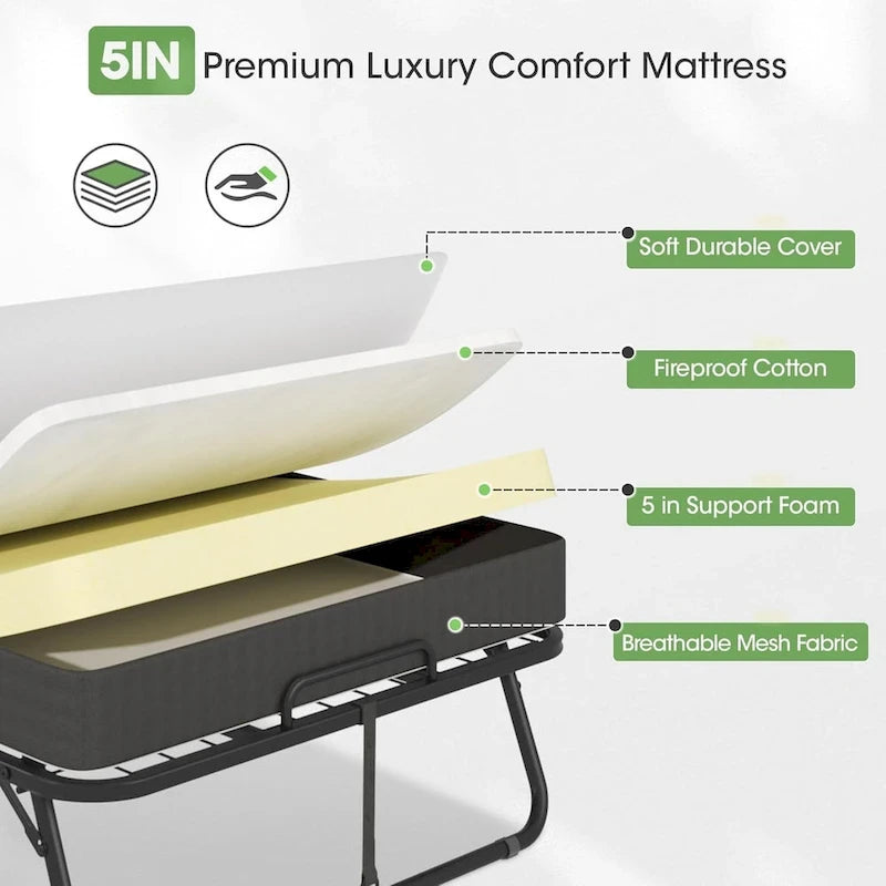 Roll away Space-Saving Sturdy Metal Frame Folding Guest Bed with 5 Thick Mattress