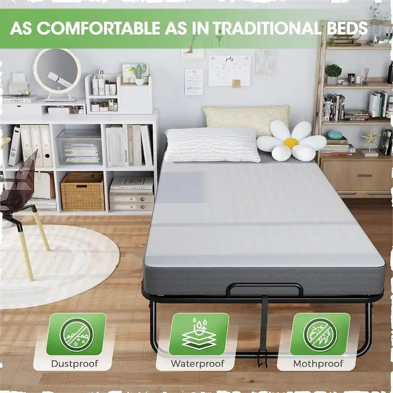 Roll away Space-Saving Sturdy Metal Frame Folding Guest Bed with 5 Thick Mattress