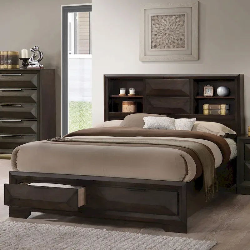 Furniture of America Zuloey Transitional Espresso Wood Bookcase Headboard Platform Bed with Footboard Storage Drawers