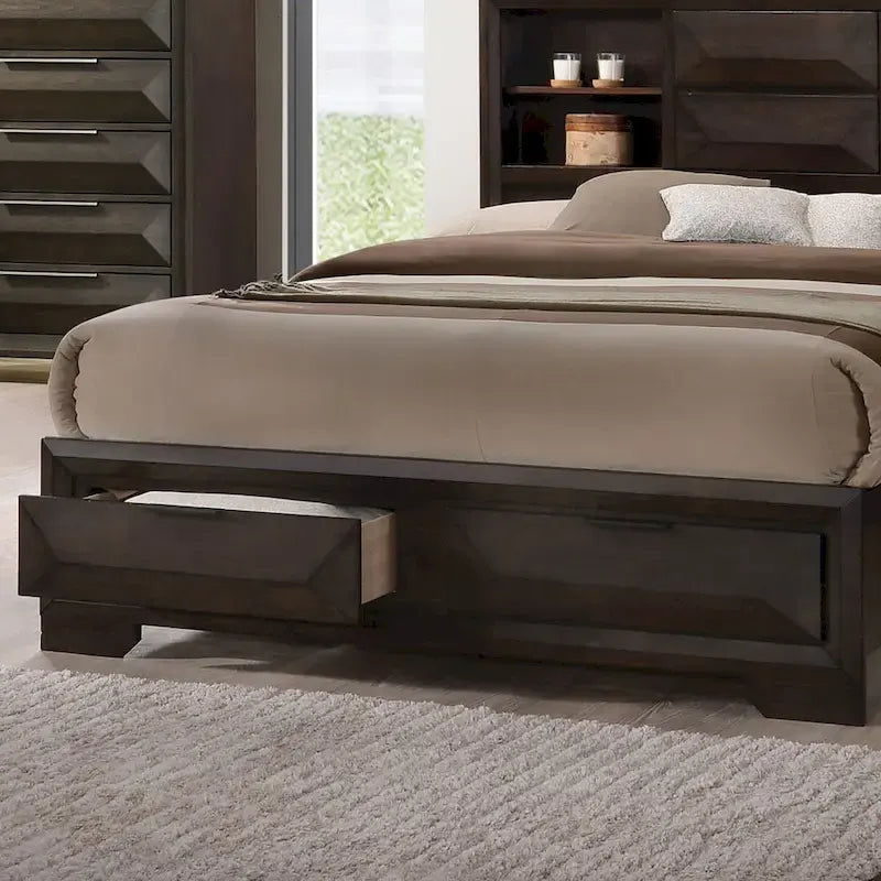 Transitional Espresso Wood Bookcase Headboard Platform Bed with Footboard Storage Drawers