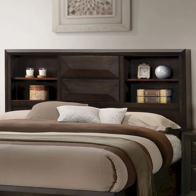 Transitional Espresso Wood Bookcase Headboard Platform Bed with Footboard Storage Drawers