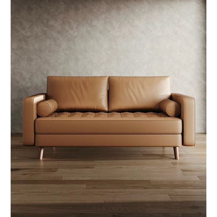 Mid-Century Square Arm Leather Covered Loveseat Sofa 59