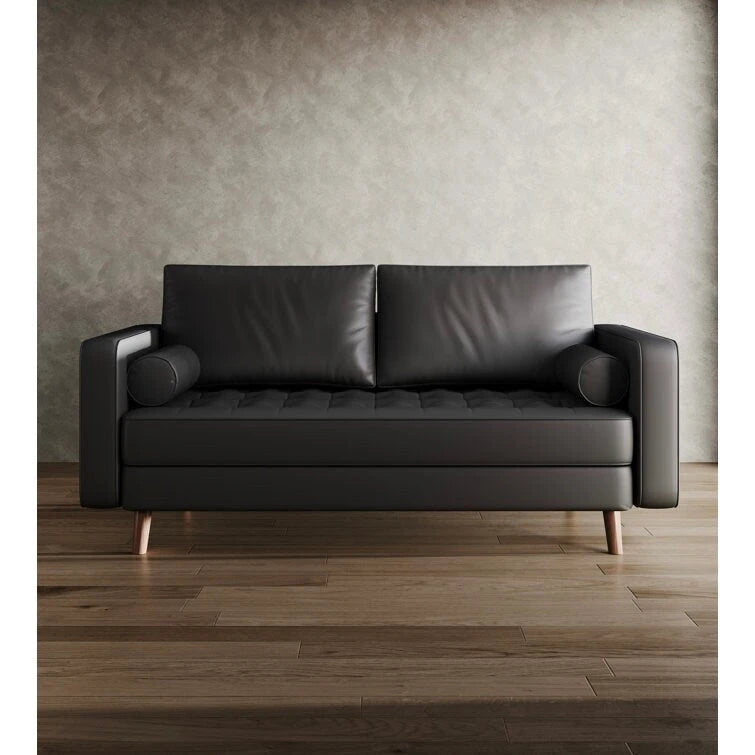 Mid-Century Square Arm Leather Covered Loveseat Sofa 59