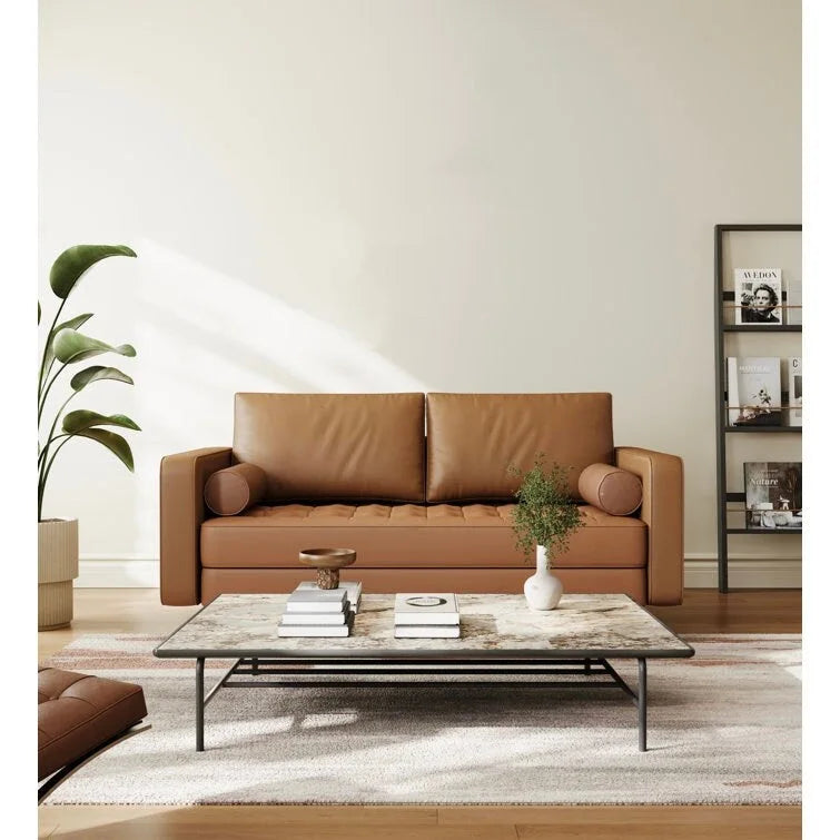 Canapé deux places en cuir, accoudoirs carrés, moderne du milieu du siècle, 59